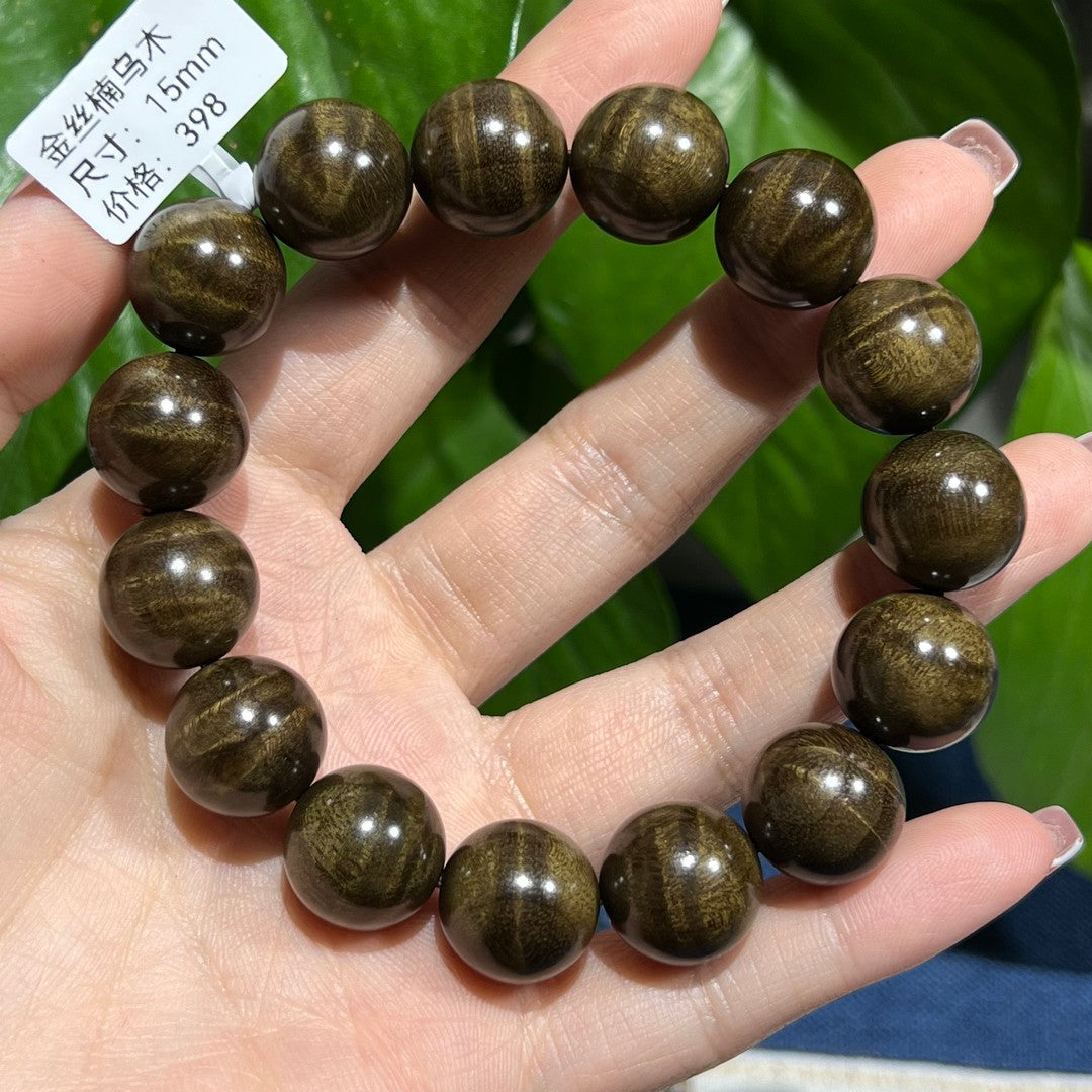 1.5cm Genuine Golden Nanmu Wood Prayer Beads, Authentic Petrified Wood with Water Ripple Pattern, a Fine Wooden Collectible.