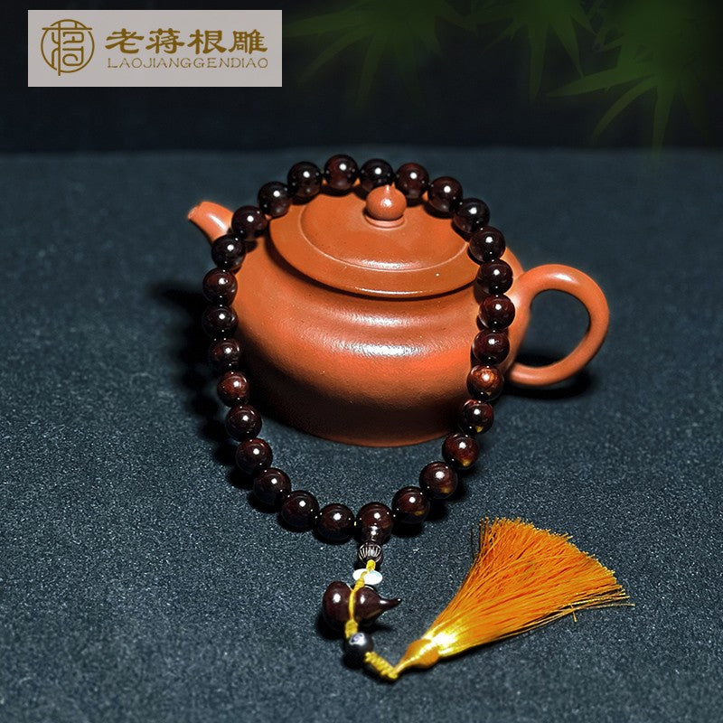 1.0 Authentic Indian Sandalwood (Pterocarpus santalinus) Handheld Bracelet/Prayer Beads with Star Pattern, High Oil Content and High Density, Gourd-shaped Pendant.