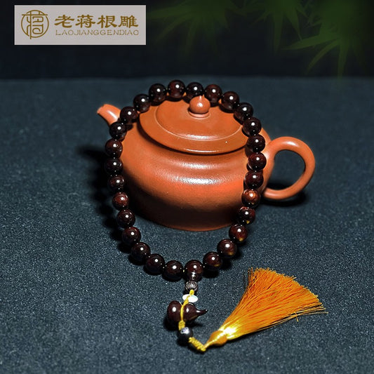 1.0 Authentic Indian Sandalwood (Pterocarpus santalinus) Handheld Bracelet/Prayer Beads with Star Pattern, High Oil Content and High Density, Gourd-shaped Pendant.