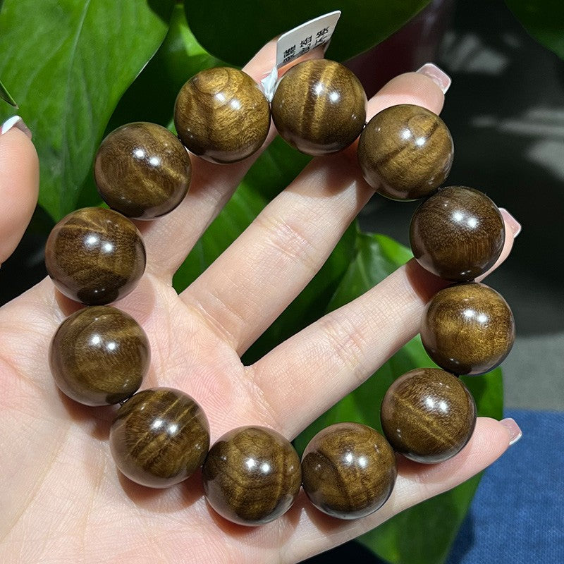 2.0CM Authentic Golden Nanmu Wood Prayer Beads Bracelet with Petrified Wood and Water Ripple Pattern