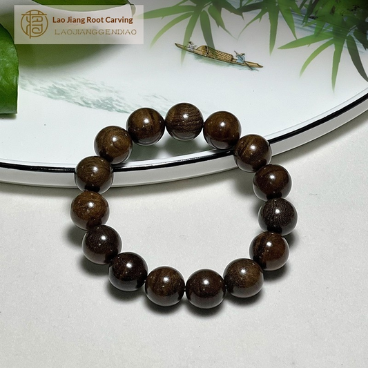 1.5 Authentic Golden Nanmu and Ebony Prayer Beads, Genuine Petrified Wood Bracelet