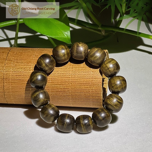 2.0 cm diameter Golden Nanmu and Ebony wood beaded bracelet with water ripple pattern.