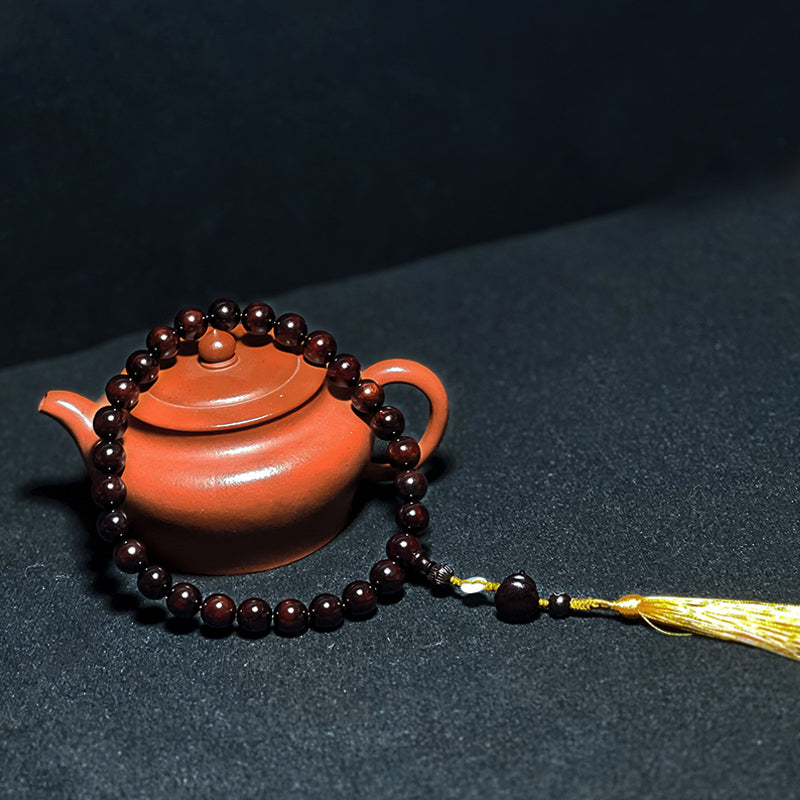 1.0 Authentic Indian Sandalwood (Pterocarpus santalinus) Handheld Bracelet/Prayer Beads with Star Pattern, High Oil Content and High Density, Gourd-shaped Pendant.