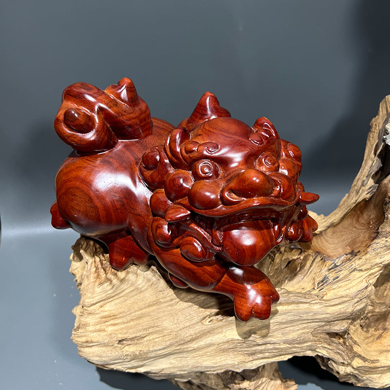 Burmese rosewood Pixiu (mythical creature) solid wood ornament for living room display shelf.