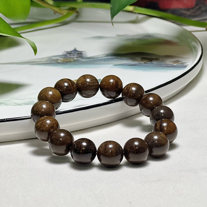 1.5 Authentic Golden Nanmu and Ebony Prayer Beads, Genuine Petrified Wood Bracelet