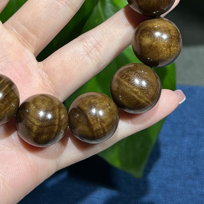 2.0CM Authentic Golden Nanmu Wood Prayer Beads Bracelet with Petrified Wood and Water Ripple Pattern