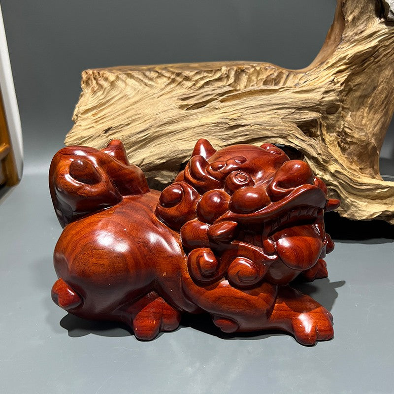 Burmese rosewood Pixiu (mythical creature) solid wood ornament for living room display shelf.