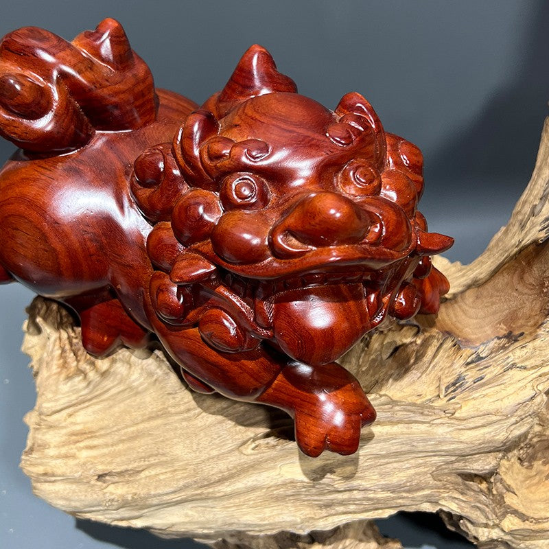 Burmese rosewood Pixiu (mythical creature) solid wood ornament for living room display shelf.