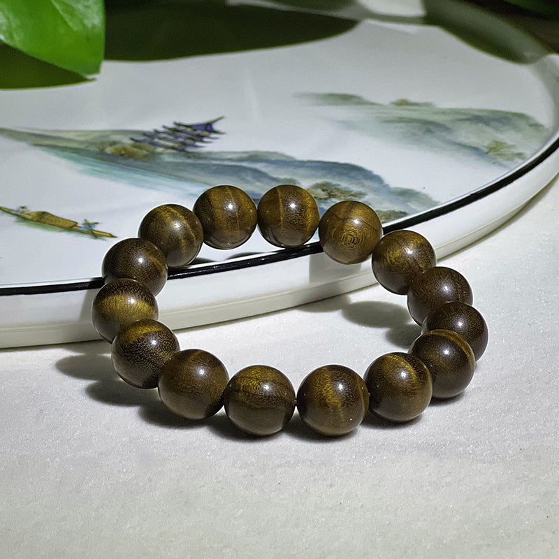 1.5 Authentic Golden Nanmu and Ebony Wood Bracelet with Petrified Wood and Water Ripple Pattern
