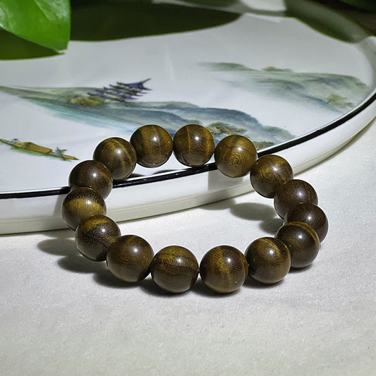 1.5 Authentic Golden Nanmu and Ebony Wood Bracelet with Petrified Wood and Water Ripple Pattern