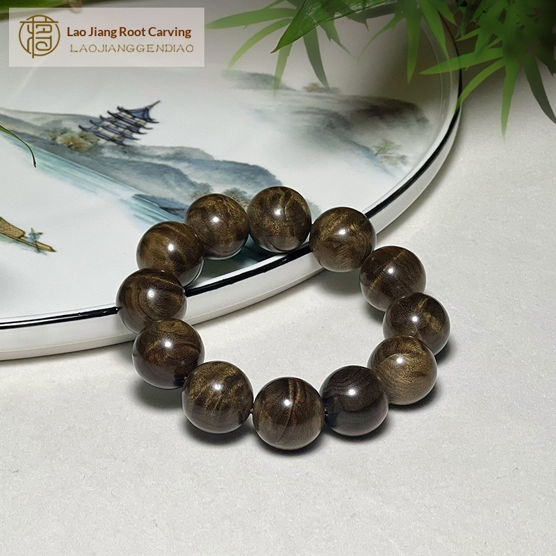 2.0CM Authentic Golden Nanmu Wood Prayer Beads Bracelet, Petrified Wood with Water Ripple Pattern, Genuine Collectible Item.