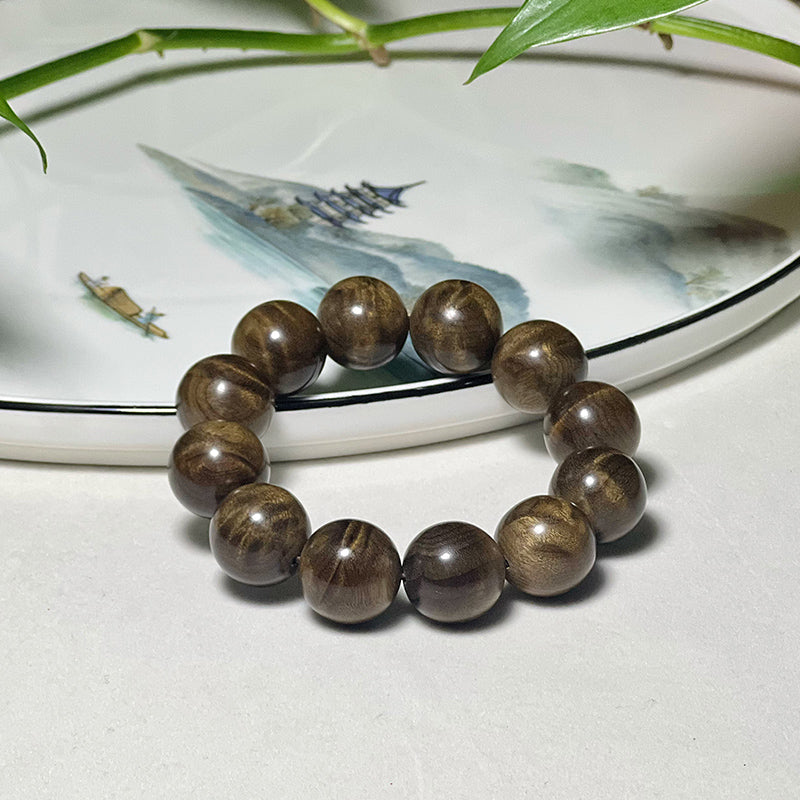 2.0CM Authentic Golden Nanmu Wood Prayer Beads Bracelet, Petrified Wood with Water Ripple Pattern, Genuine Collectible Item.