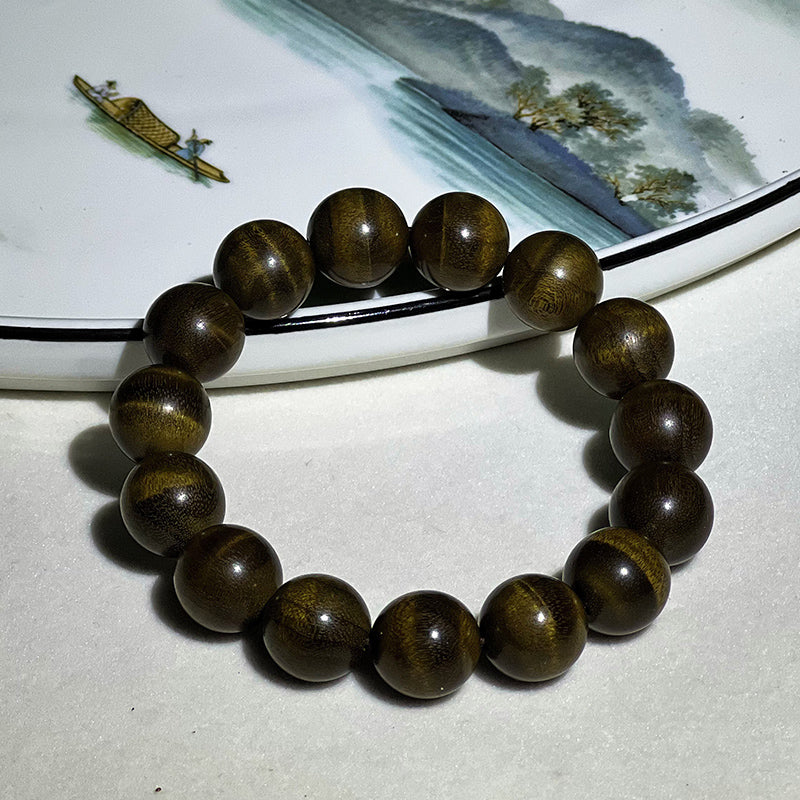 1.5 Authentic Golden Nanmu and Ebony Wood Bracelet with Petrified Wood and Water Ripple Pattern