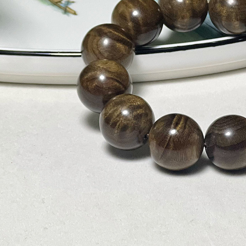 2.0CM Authentic Golden Nanmu Wood Prayer Beads Bracelet, Petrified Wood with Water Ripple Pattern, Genuine Collectible Item.
