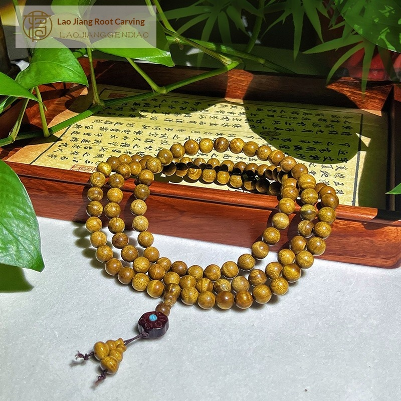 1.0 Authentic Golden Silk Nanmu Wood Bracelet, Genuine Solid Wood Water Ripple Pattern Cultural Bracelet