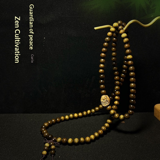 0.8mm Golden Phoebe Wood Black Gold Bracelet with Twelve Zodiac Animals Prayer Beads