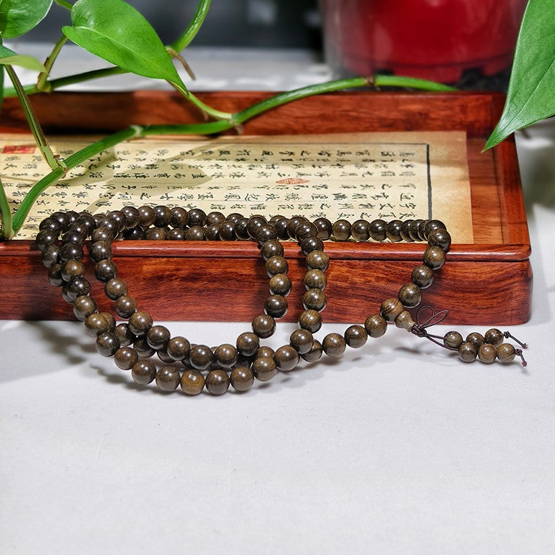1.0 Golden Phoebe Wood Bracelet with 108 Cat's Eye Pattern Beads