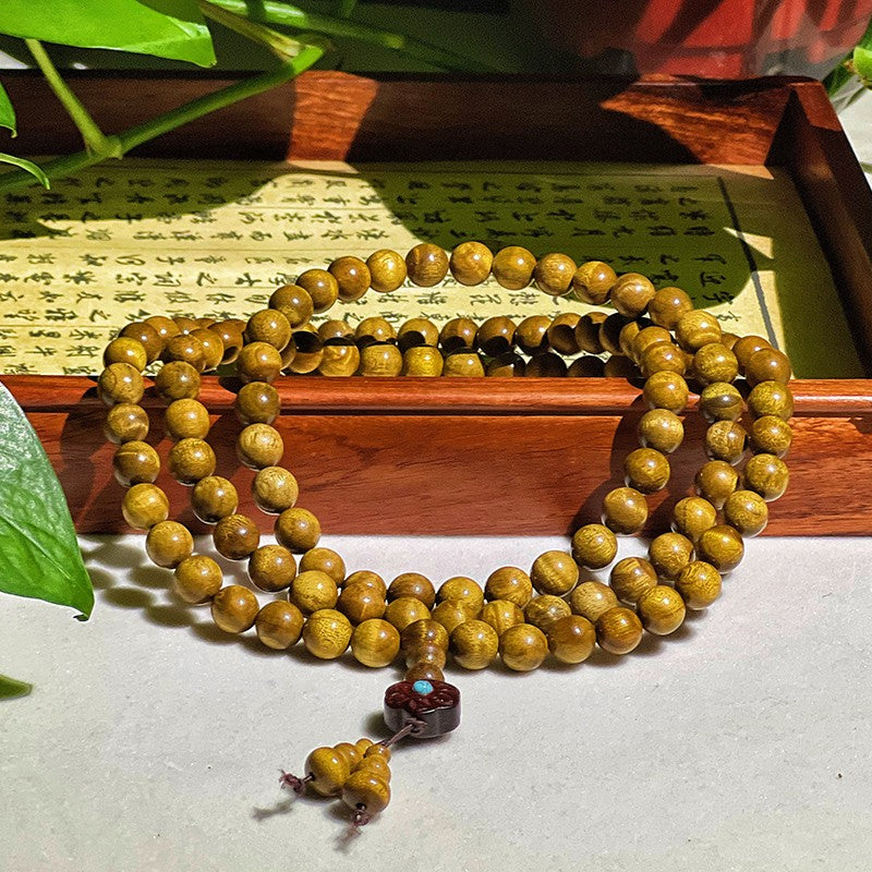 1.0 Authentic Golden Silk Nanmu Wood Bracelet, Genuine Solid Wood Water Ripple Pattern Cultural Bracelet