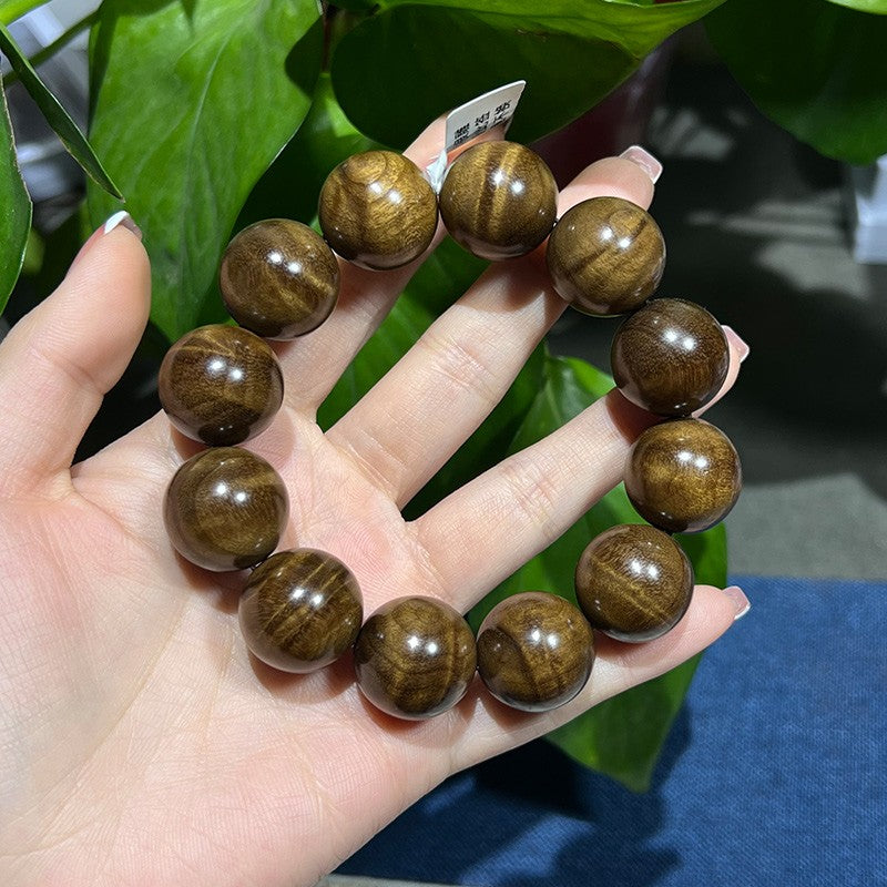 2.0CM Authentic Golden Nanmu Wood Prayer Beads Bracelet with Petrified Wood and Water Ripple Pattern