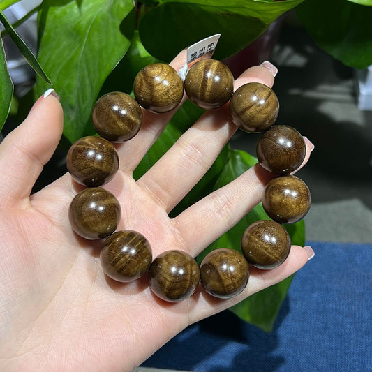 2.0CM Authentic Golden Nanmu Wood Prayer Beads Bracelet with Petrified Wood and Water Ripple Pattern